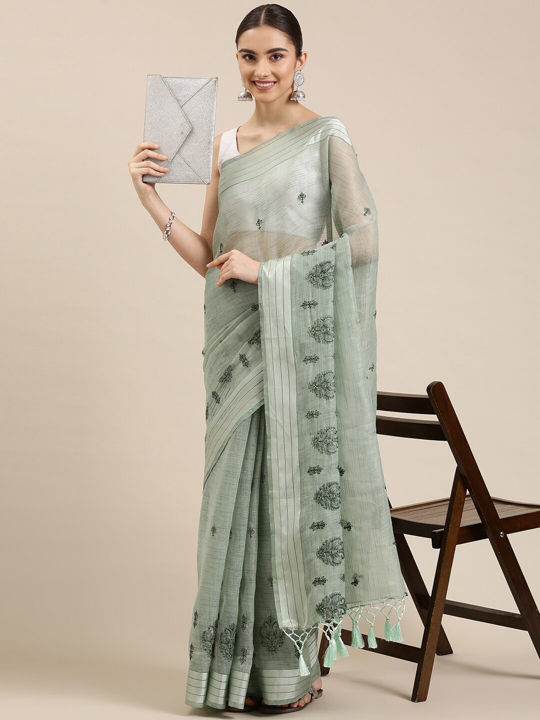 

The Chennai Silks Green Ethnic Motifs Embroidered Pure Cotton Fusion Saree