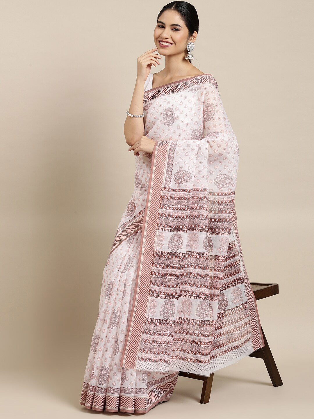 

The Chennai Silks White & Brown Floral Pure Cotton Saree