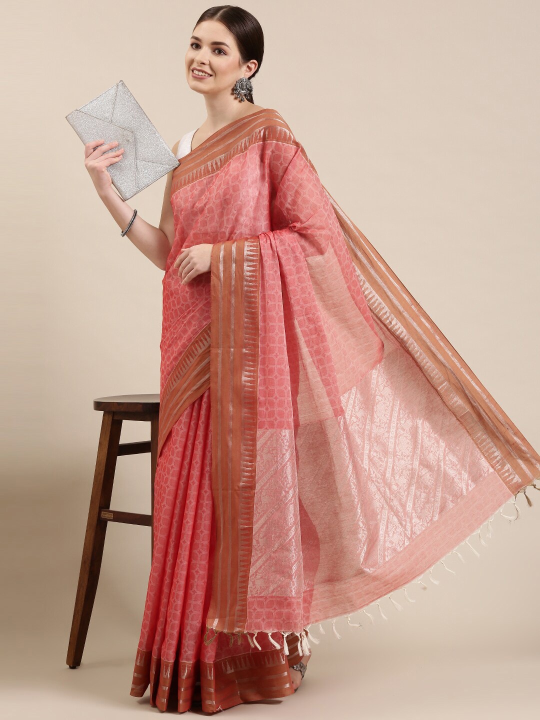 

The Chennai Silks Peach-Coloured & Rust Printed Zari Pure Cotton Saree