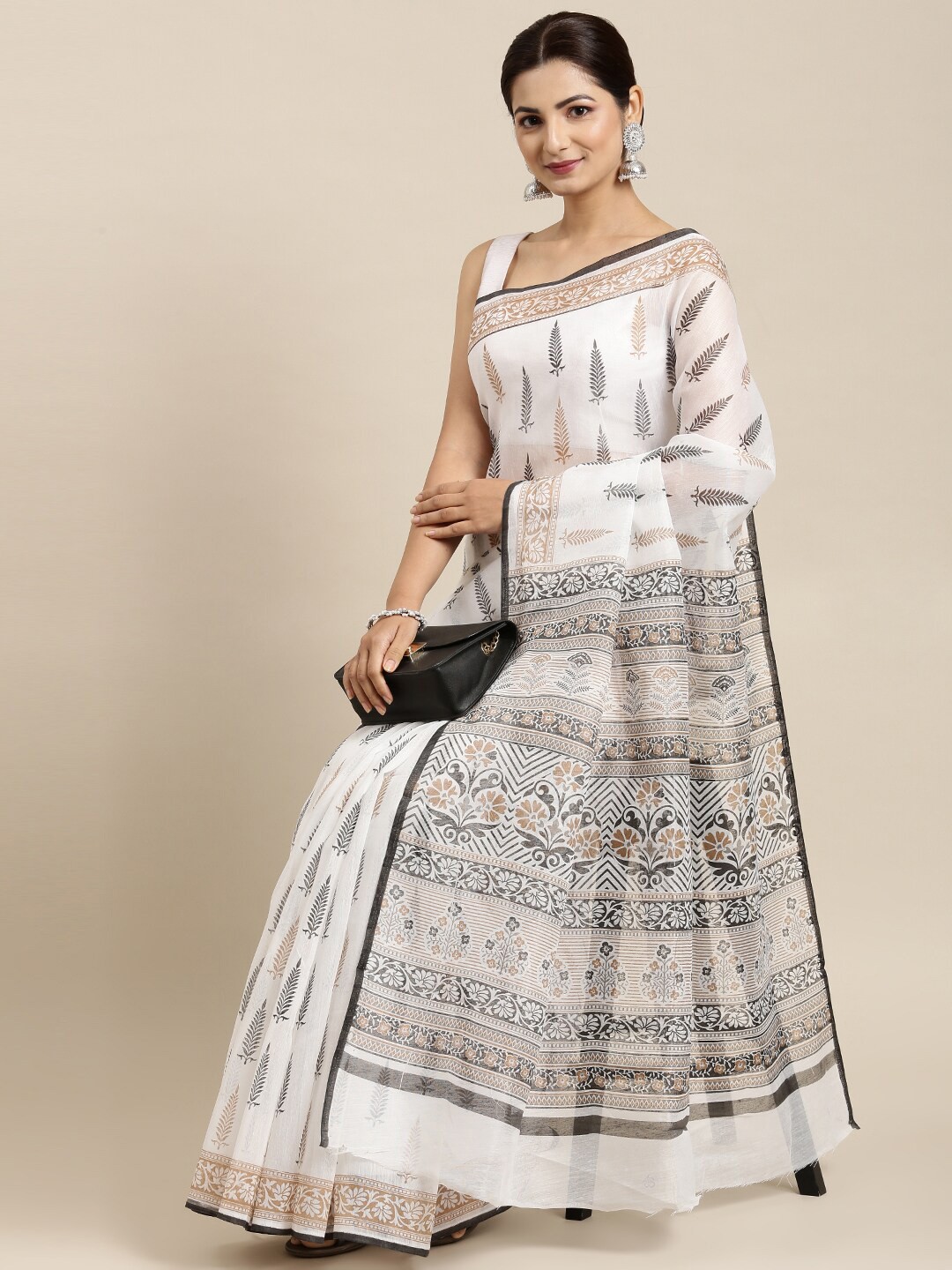 

The Chennai Silks White & Grey Floral Pure Cotton Saree
