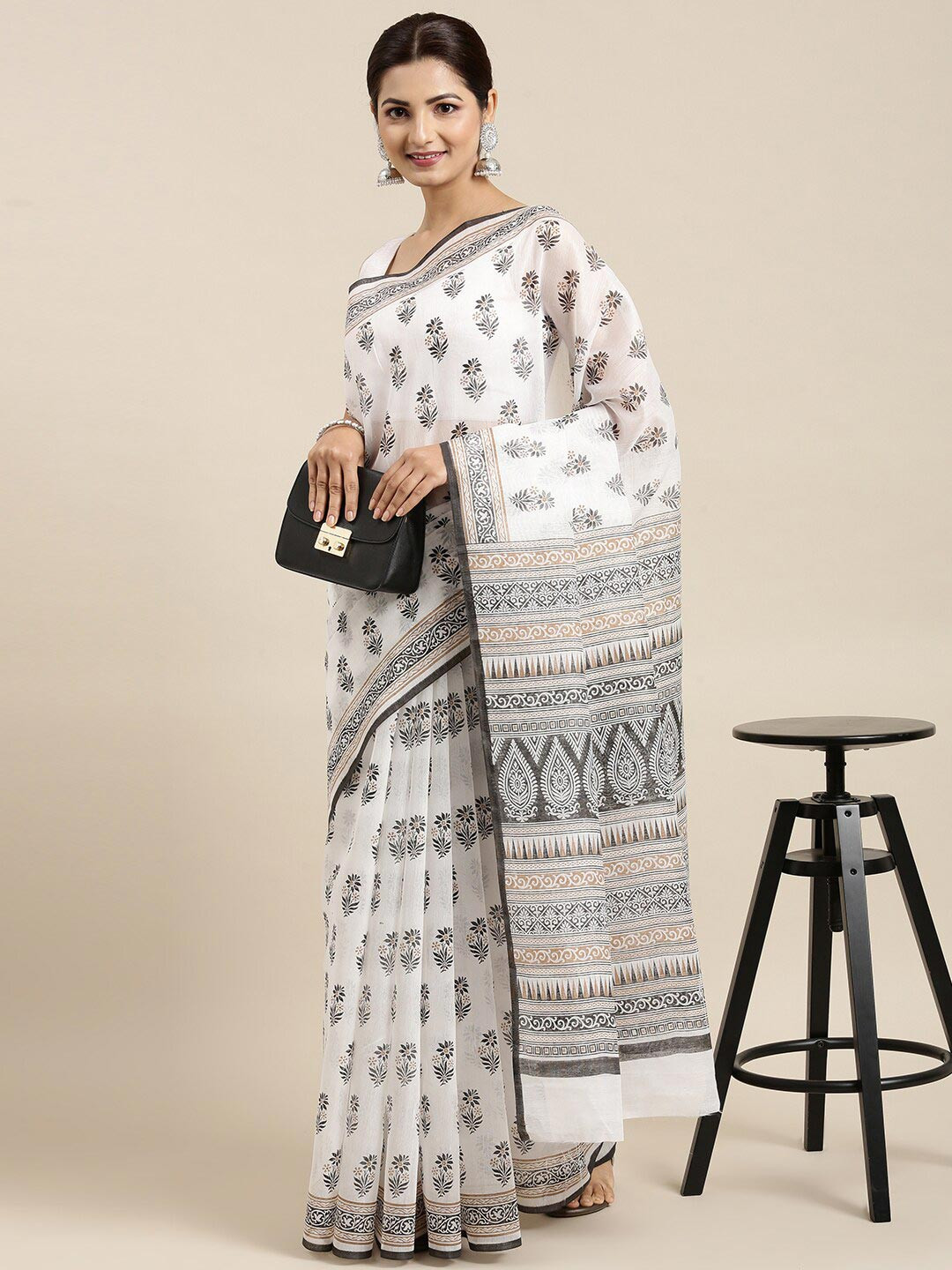 

The Chennai Silks White & Black Floral Pure Cotton Saree
