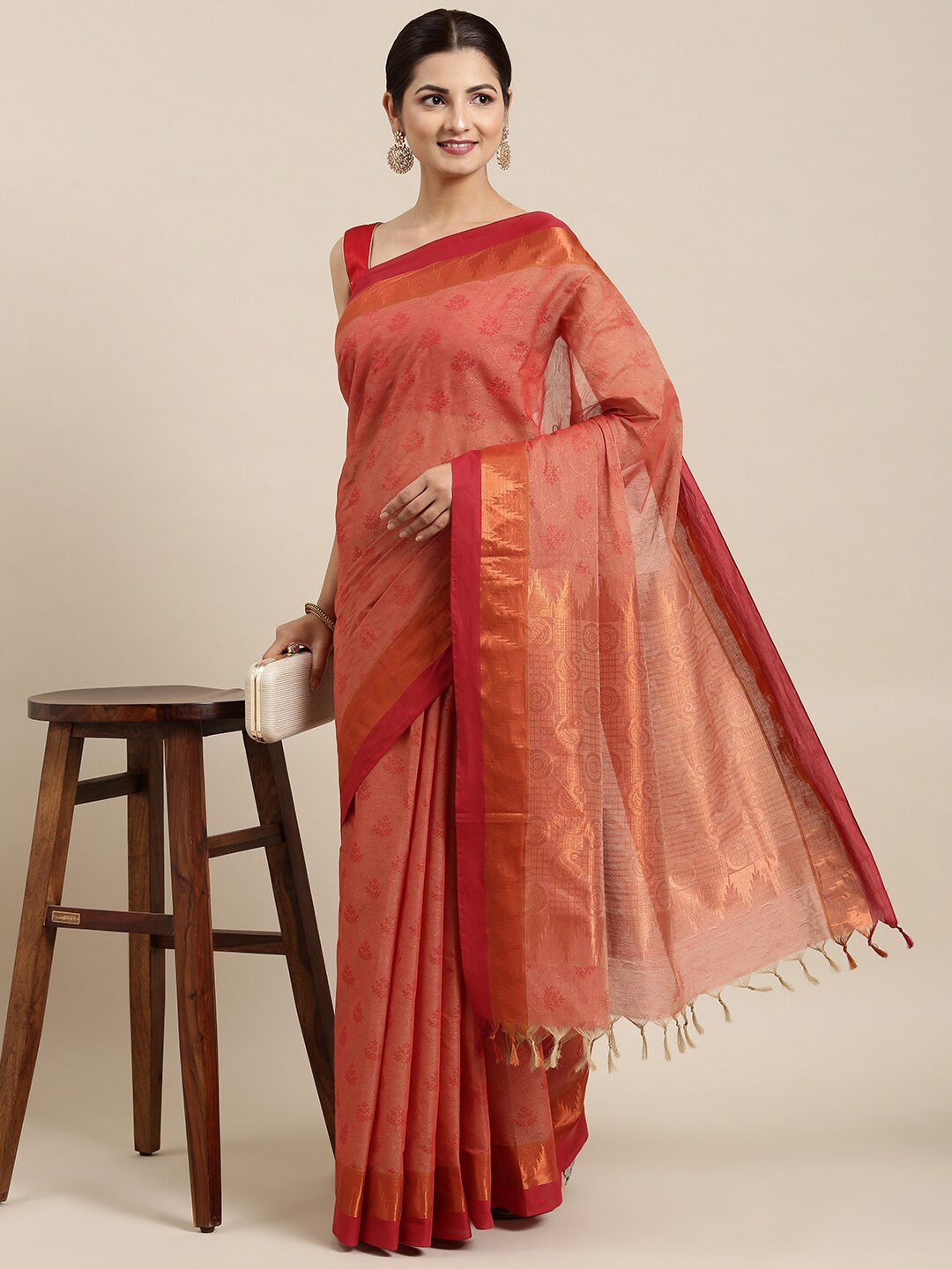 

The Chennai Silks Red & Maroon Floral Zari Pure Cotton Saree