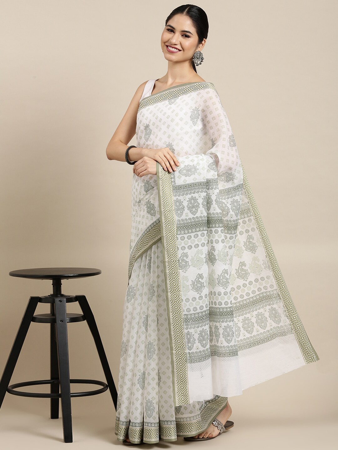 

The Chennai Silks White & Green Floral Pure Cotton Saree