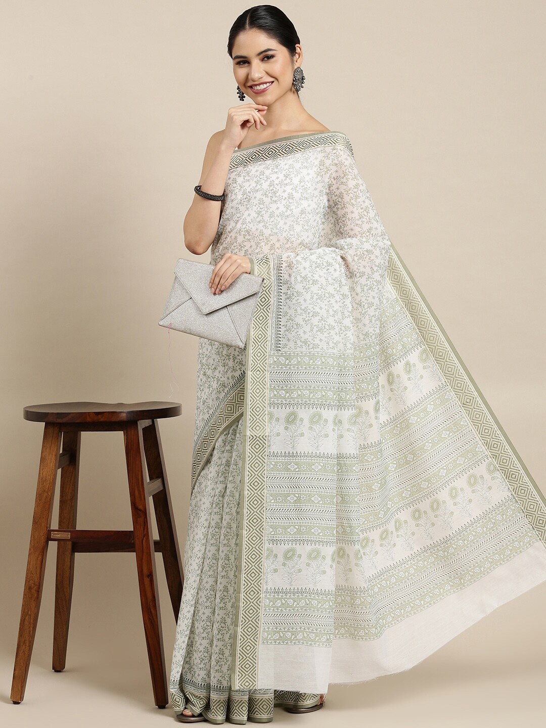 

The Chennai Silks White & Green Floral Pure Cotton Saree