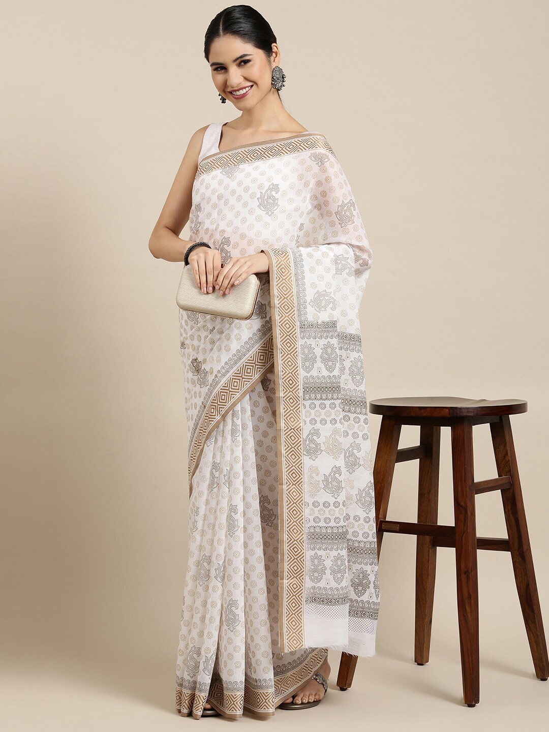 

The Chennai Silks White & Brown Floral Pure Cotton Saree