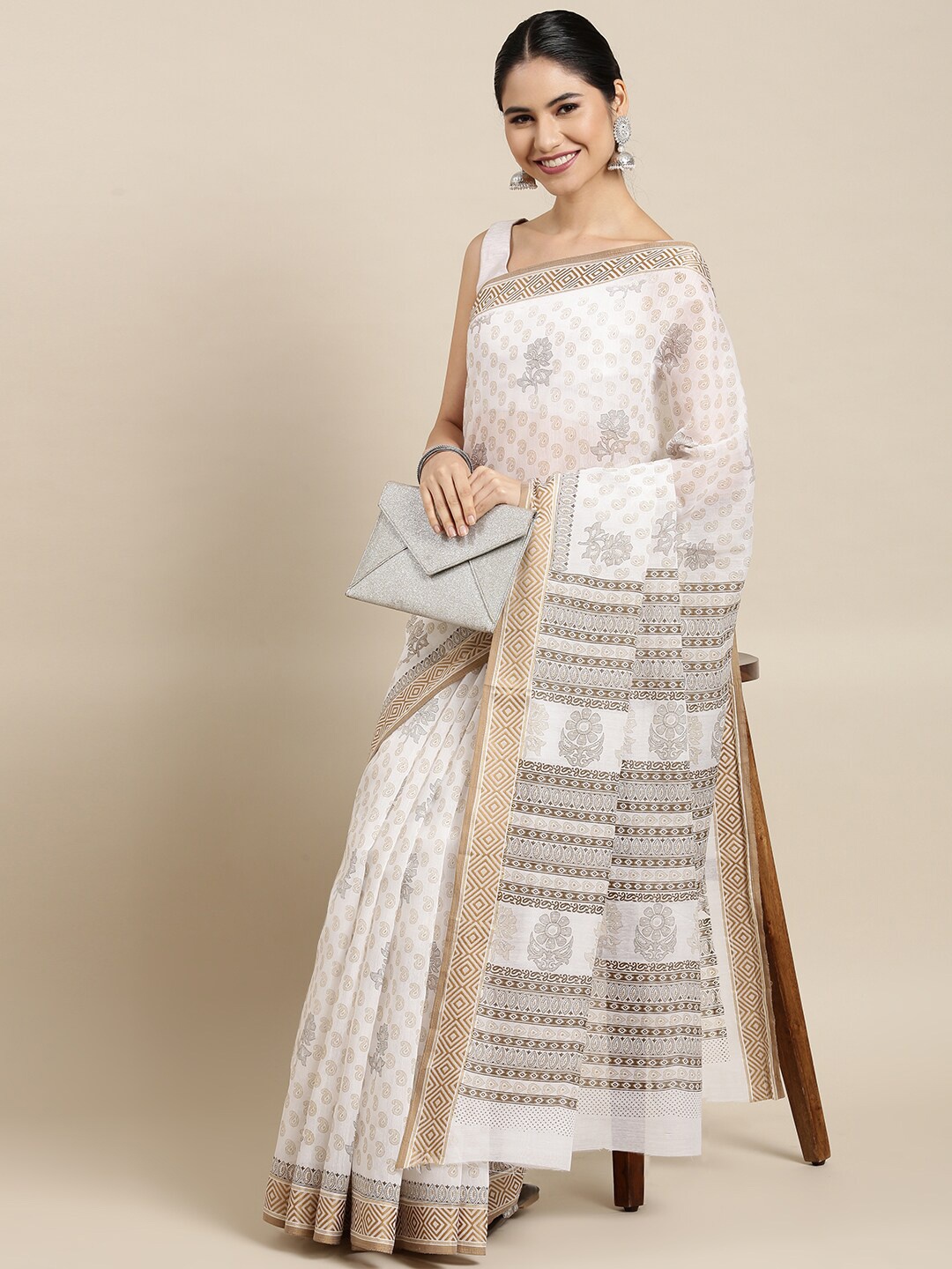 

The Chennai Silks White & Grey Floral Pure Cotton Saree