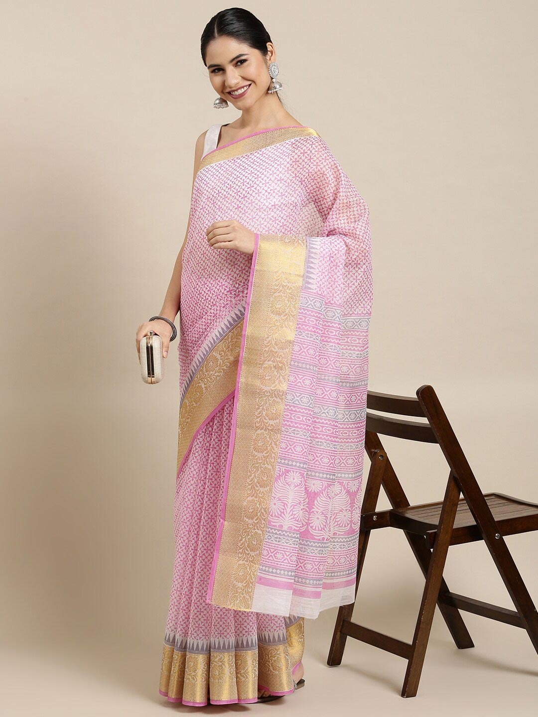 

The Chennai Silks Pink & Gold-Toned Floral Zari Pure Cotton Saree