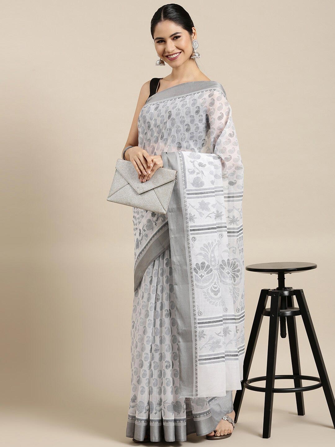 

The Chennai Silks White & Grey Paisley Pure Cotton Saree