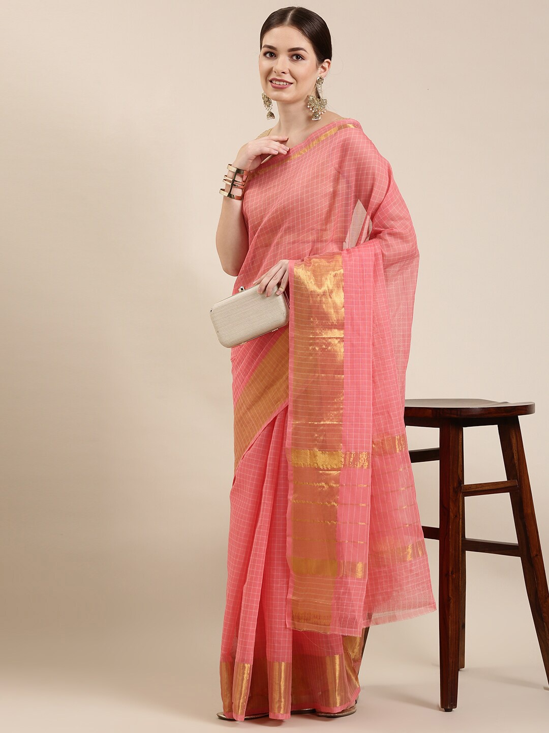 

The Chennai Silks Pink & Gold-Toned Checked Zari Pure Cotton Venkatgiri Saree