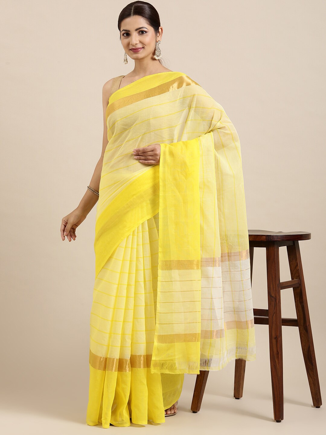 

The Chennai Silks Yellow & Gold-Toned Striped Zari Pure Cotton Venkatgiri Saree