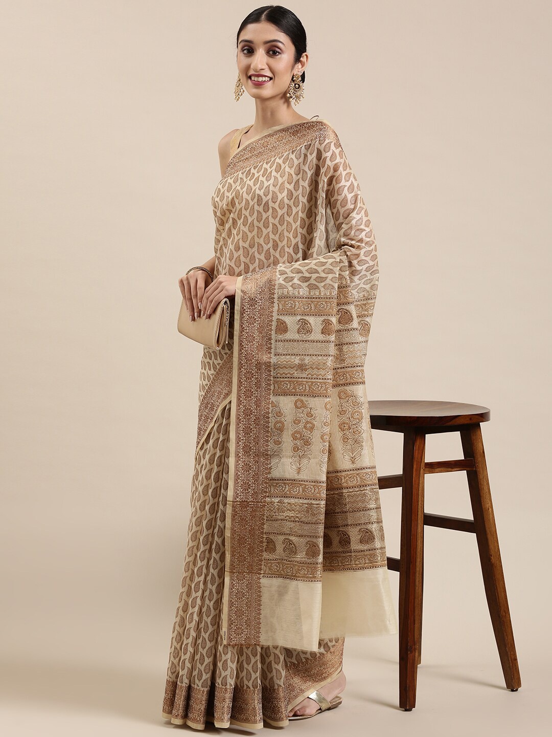 

The Chennai Silks Beige & Brown Paisley Zari Pure Cotton Chanderi Saree