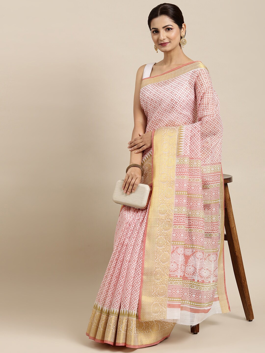 

The Chennai Silks Pink & Gold-Toned Floral Zari Pure Cotton Saree