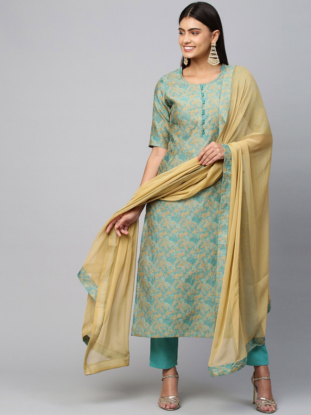 

KALINI Women Sea Green Ethnic Motifs Woven Kurti with Trousers & With Dupatta