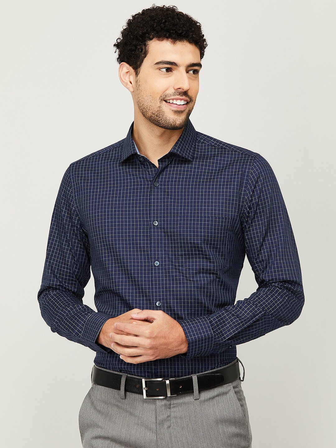 

CODE by Lifestyle Men Navy Blue Grid Tattersall Checked Cotton Formal Shirt