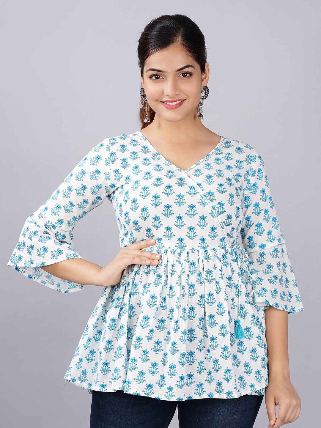 

CHRISTEENA White & Blue Floral Printed Cotton Wrap Top