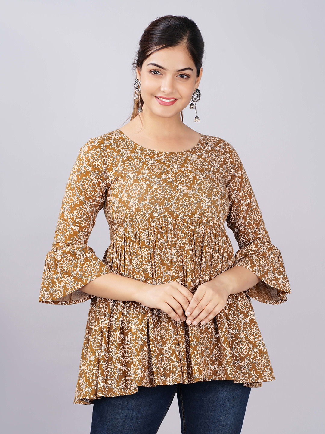 

CHRISTEENA Brown & Beige Floral Printed Cotton Empire Top