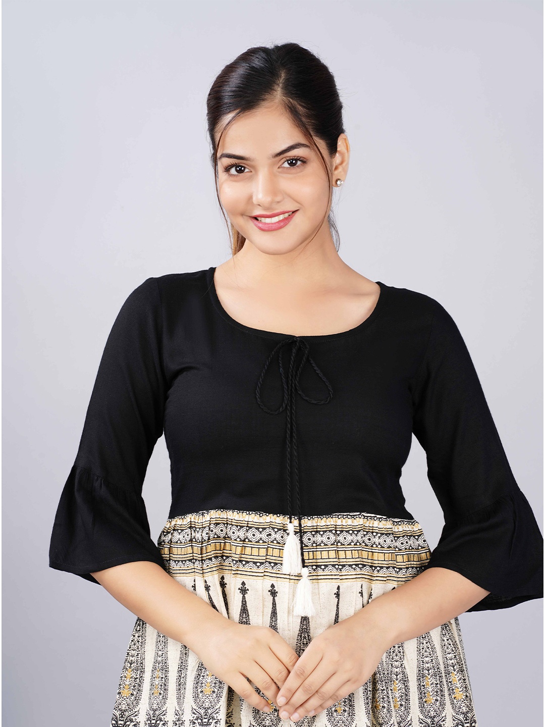 

CHRISTEENA Women Black & Cream Ethnic Motifs Printed Pure Cotton Anarkali Kurti
