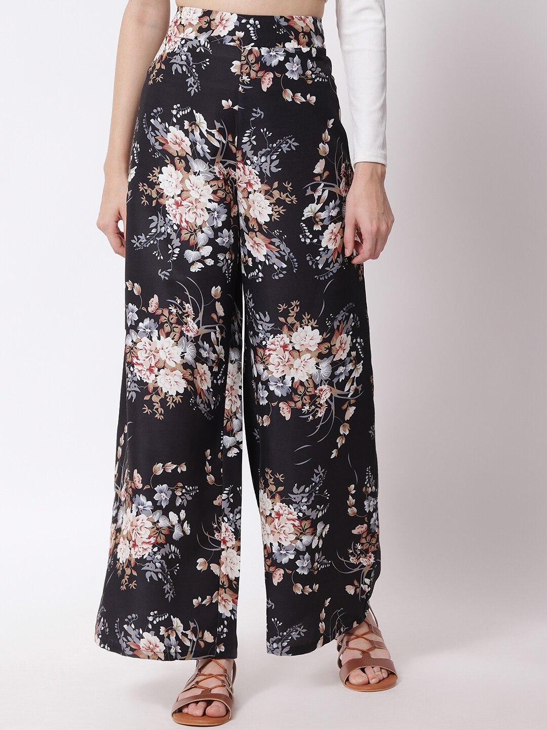 

Kotty Women Black Floral Printed Relaxed Flared High-Rise Easy Wash Trousers