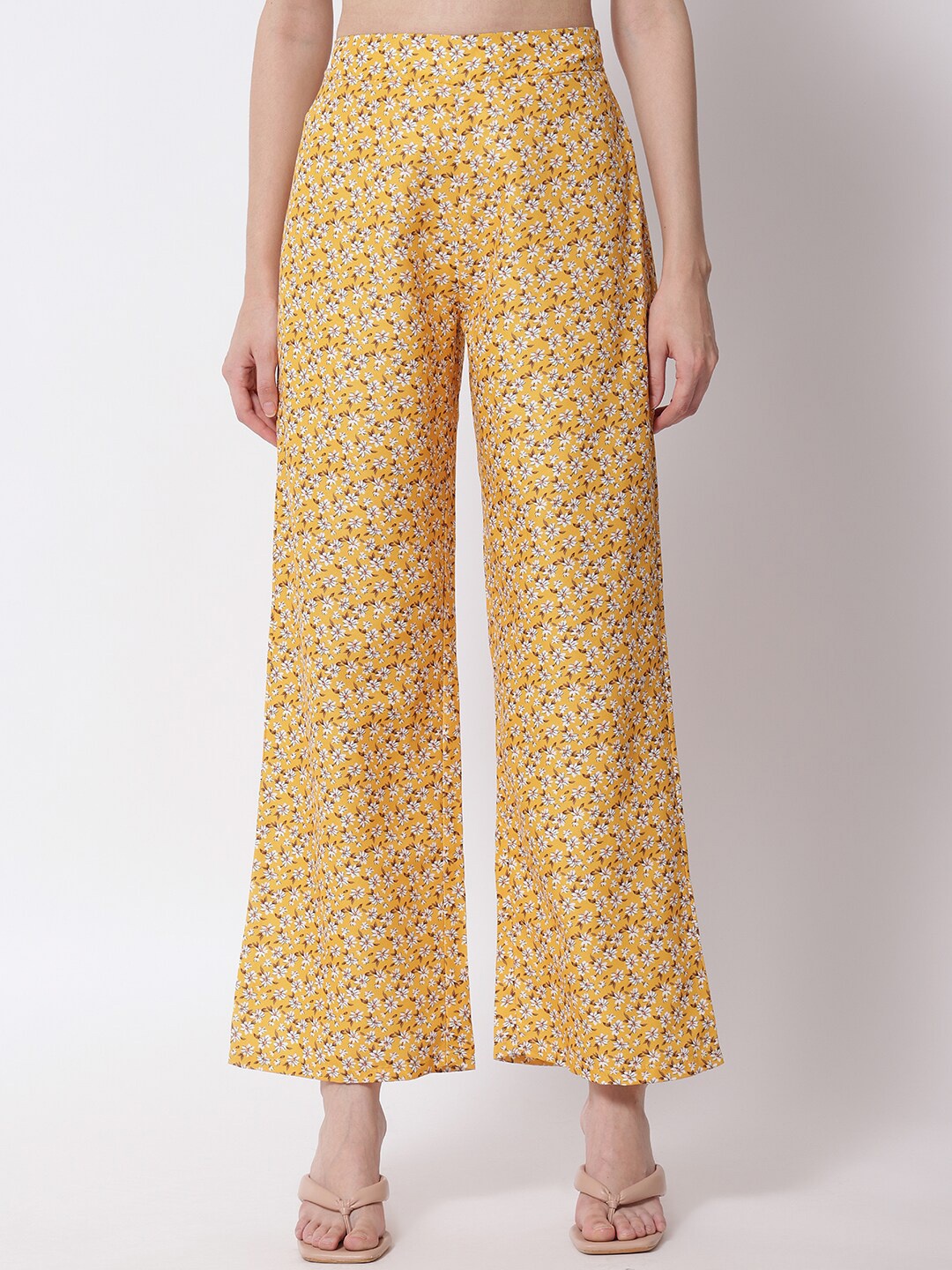 

Kotty Women Mustard Yellow Floral Printed Relaxed High-Rise Easy Wash Trousers