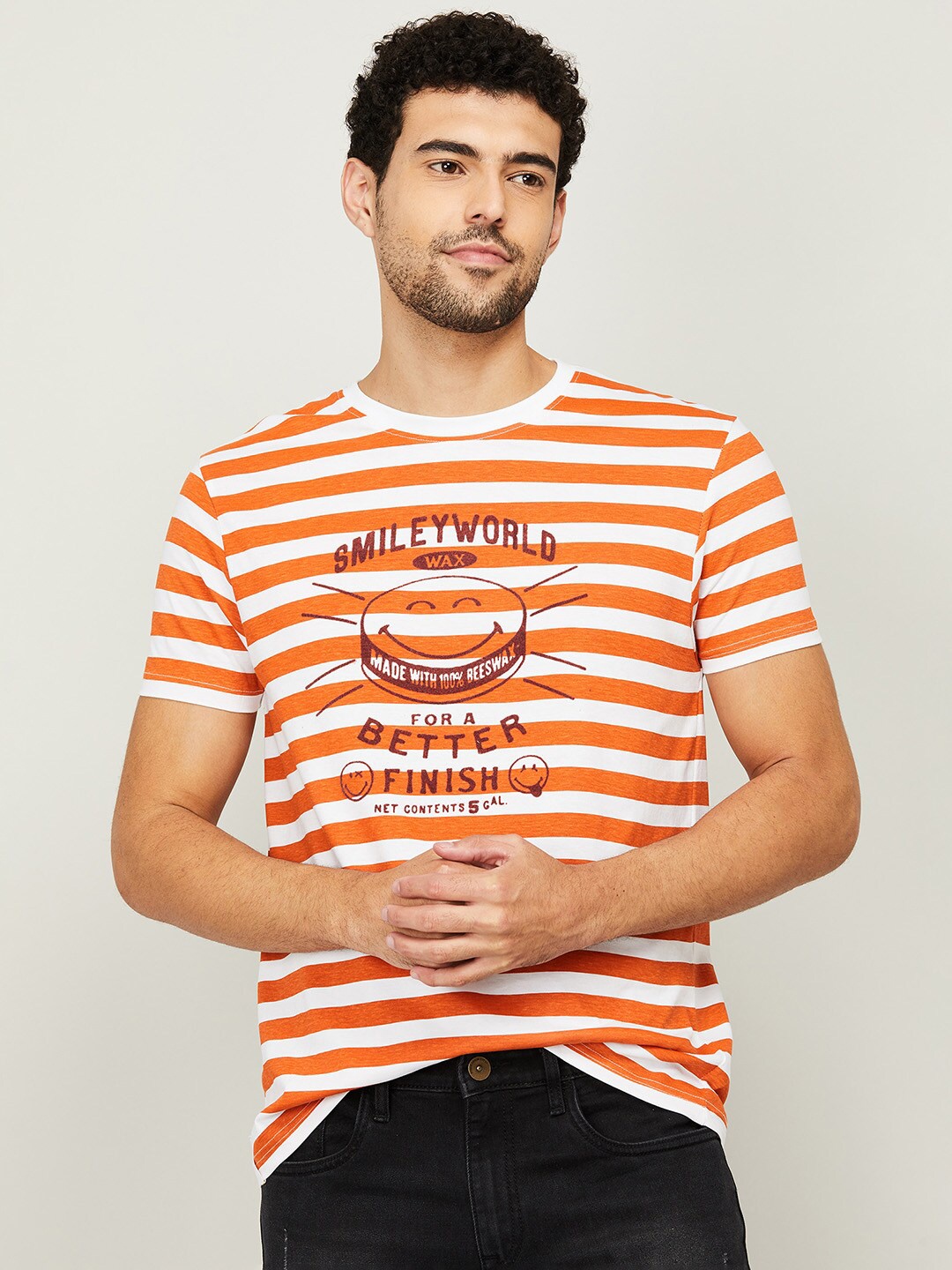 

SmileyWorld Men White & Orange Striped Cotton T-shirt