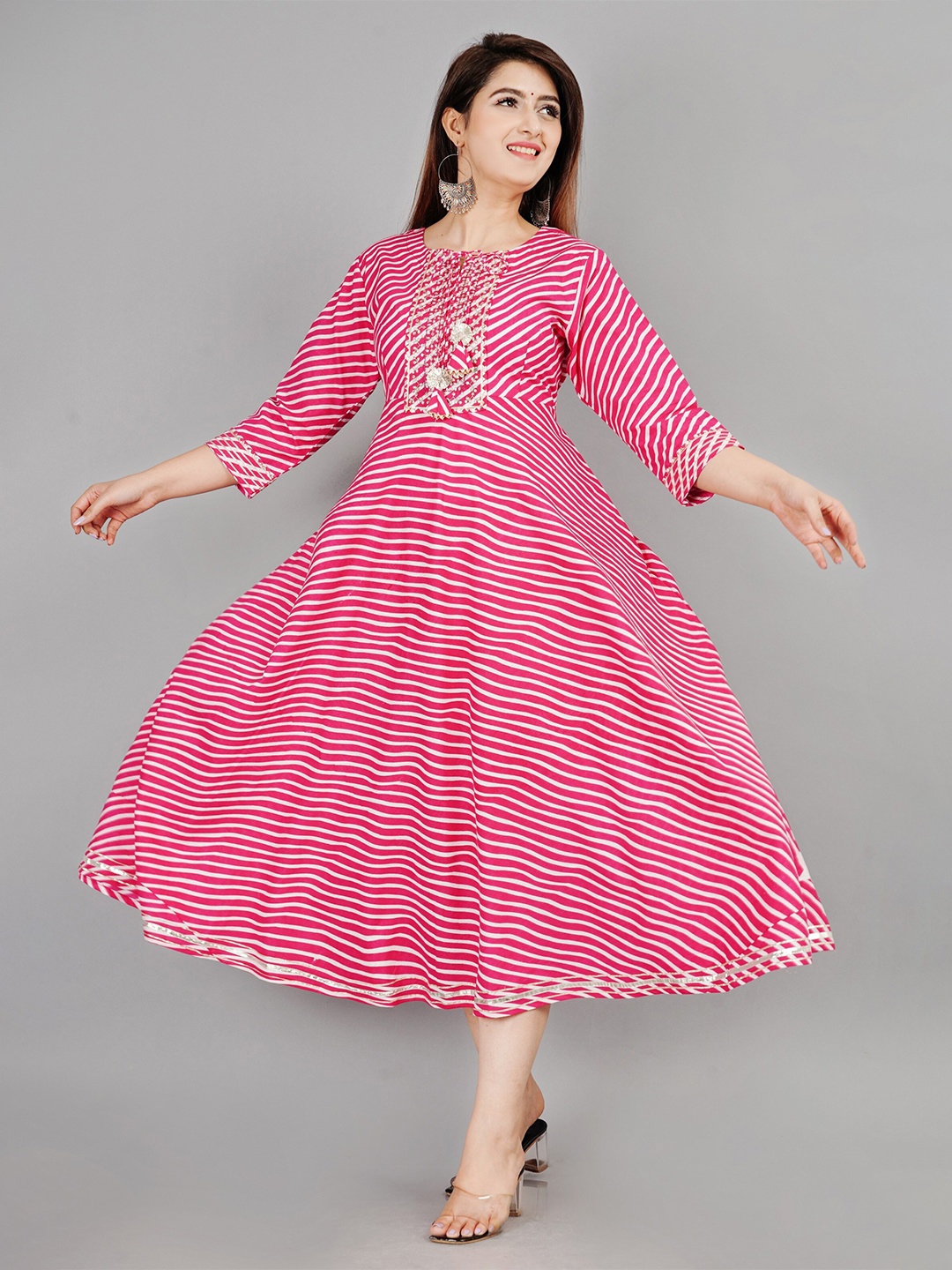 

EtnicaWear Pink & White Pure Cotton Embroidery Striped Ethnic Midi Dress
