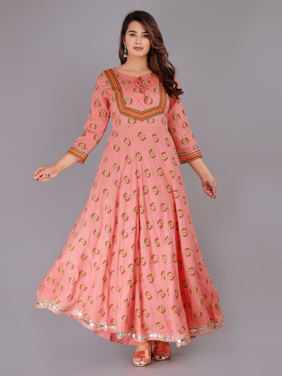 

EtnicaWear Women Orange Floral Printed Floral Anarkali Kurta