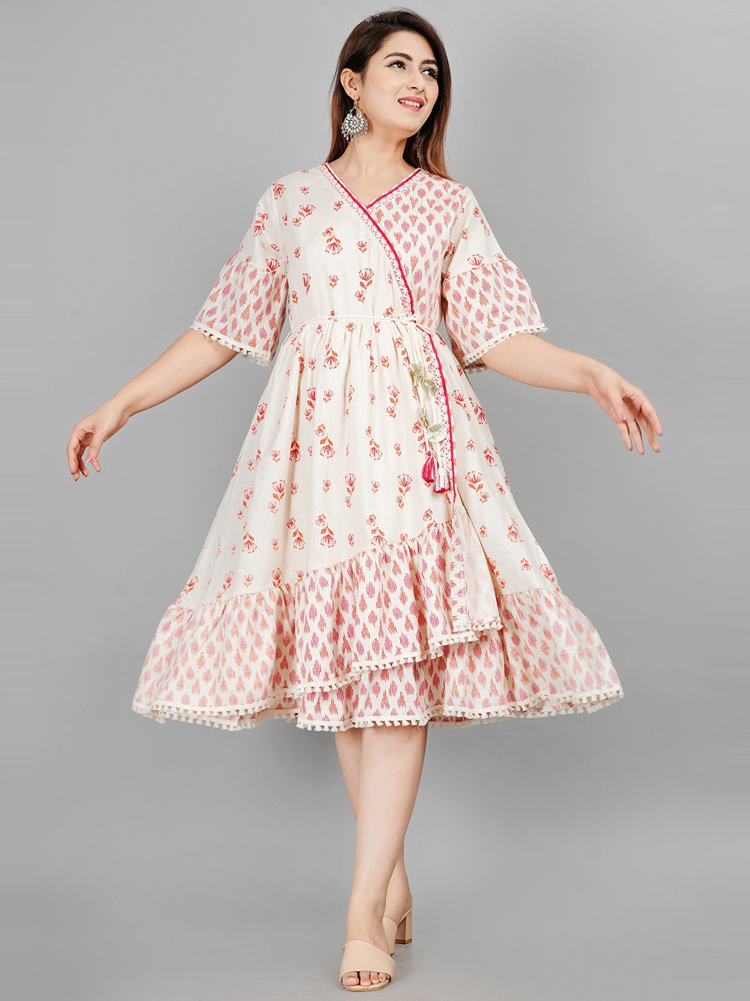 

EtnicaWear Women Orange & White Floral Printed Cotton Wrap Dress