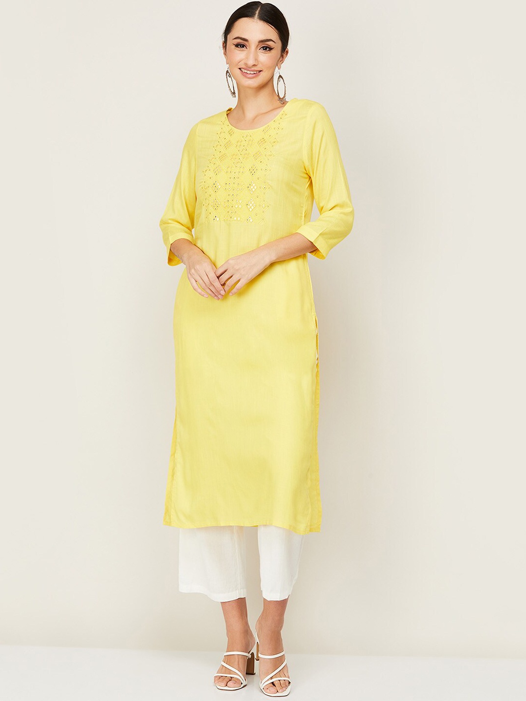 

Melange by Lifestyle Women Yellow Yoke Design Mirror Work Kurta