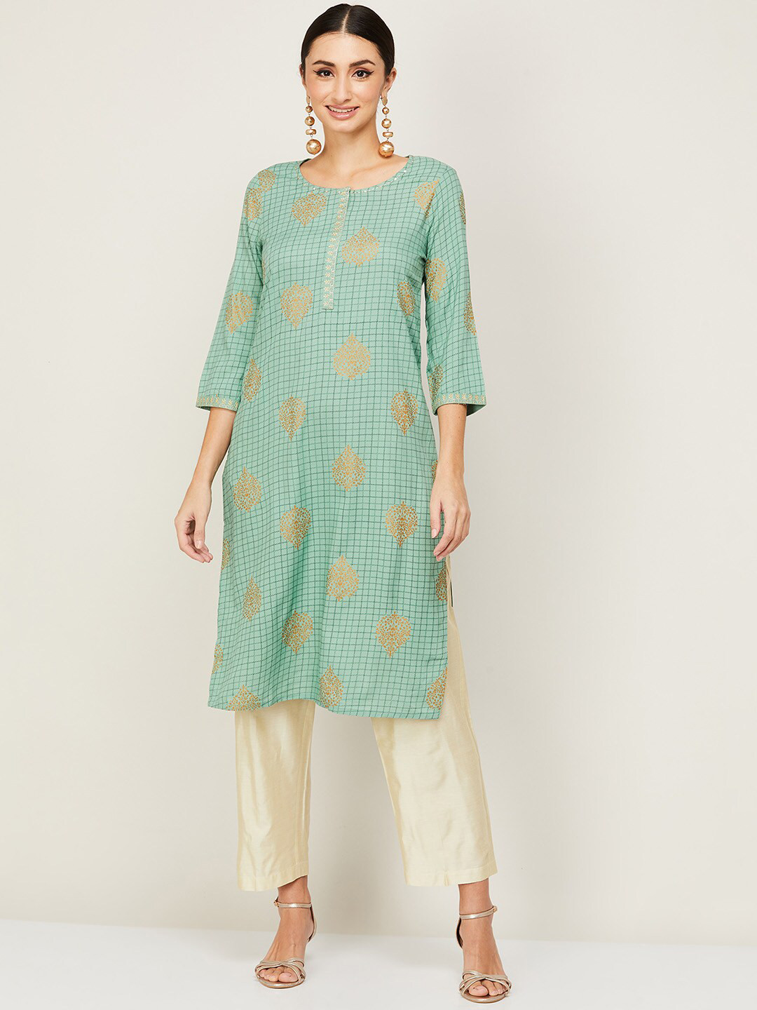 

Melange by Lifestyle Women Green & Gold-Toned Ethnic Motifs Checked Kurta