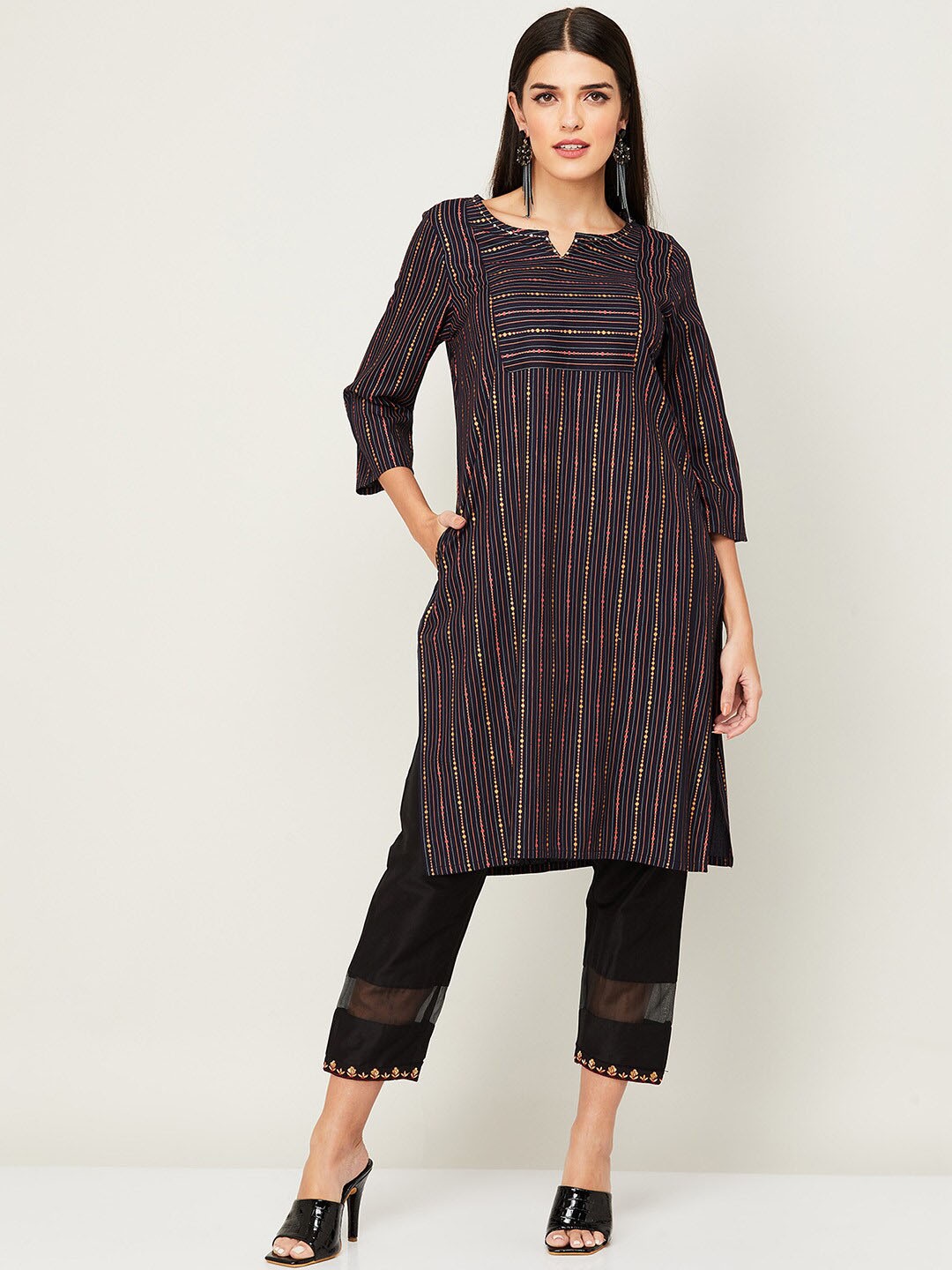 

Melange by Lifestyle Women Navy Blue Striped Kurta