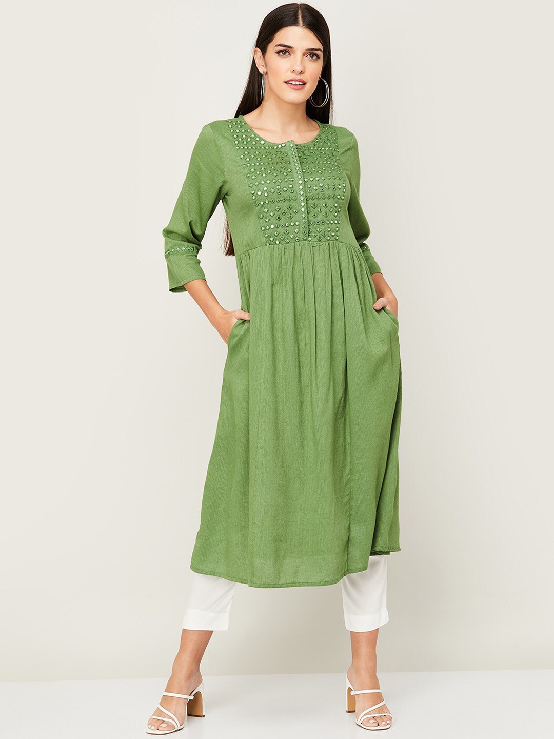 

Melange by Lifestyle Women Green Yoke Design Mirror Work Kurta