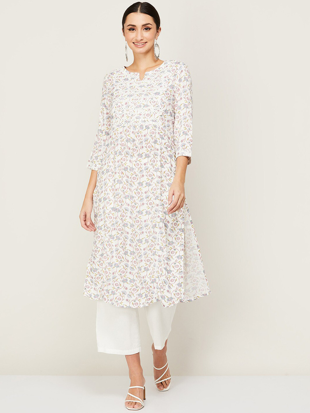 

Melange by Lifestyle Women White Floral Printed Mirror Work Kurta