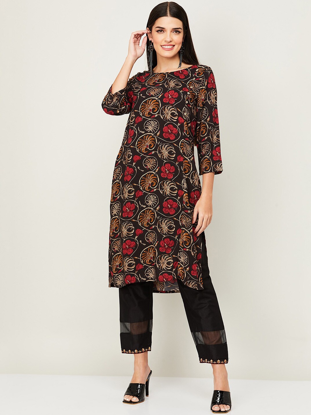 

Melange by Lifestyle Women Black Floral Printed Kurta