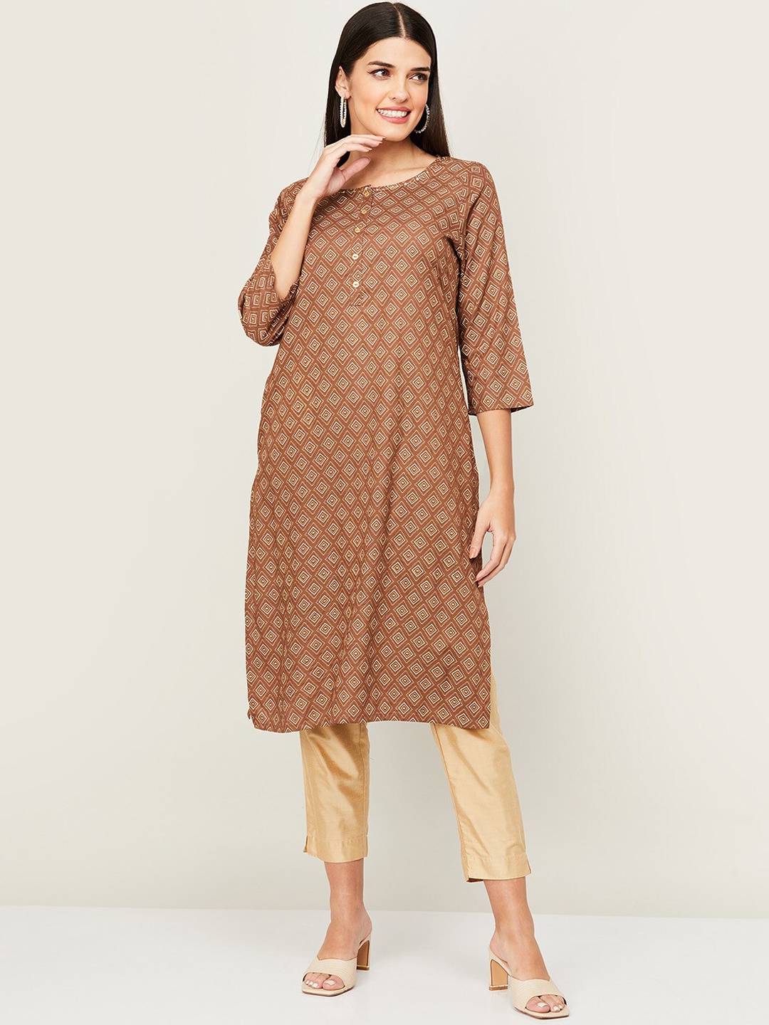 

Melange by Lifestyle Women Brown Geometric Printed Thread Work Kurta
