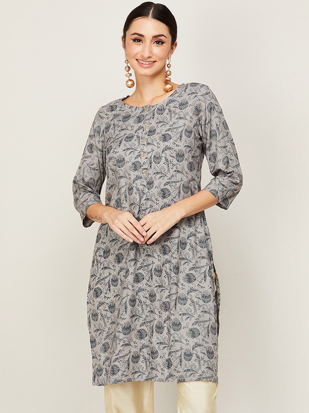 

Melange by Lifestyle Women Blue Floral Printed Thread Work Kurta