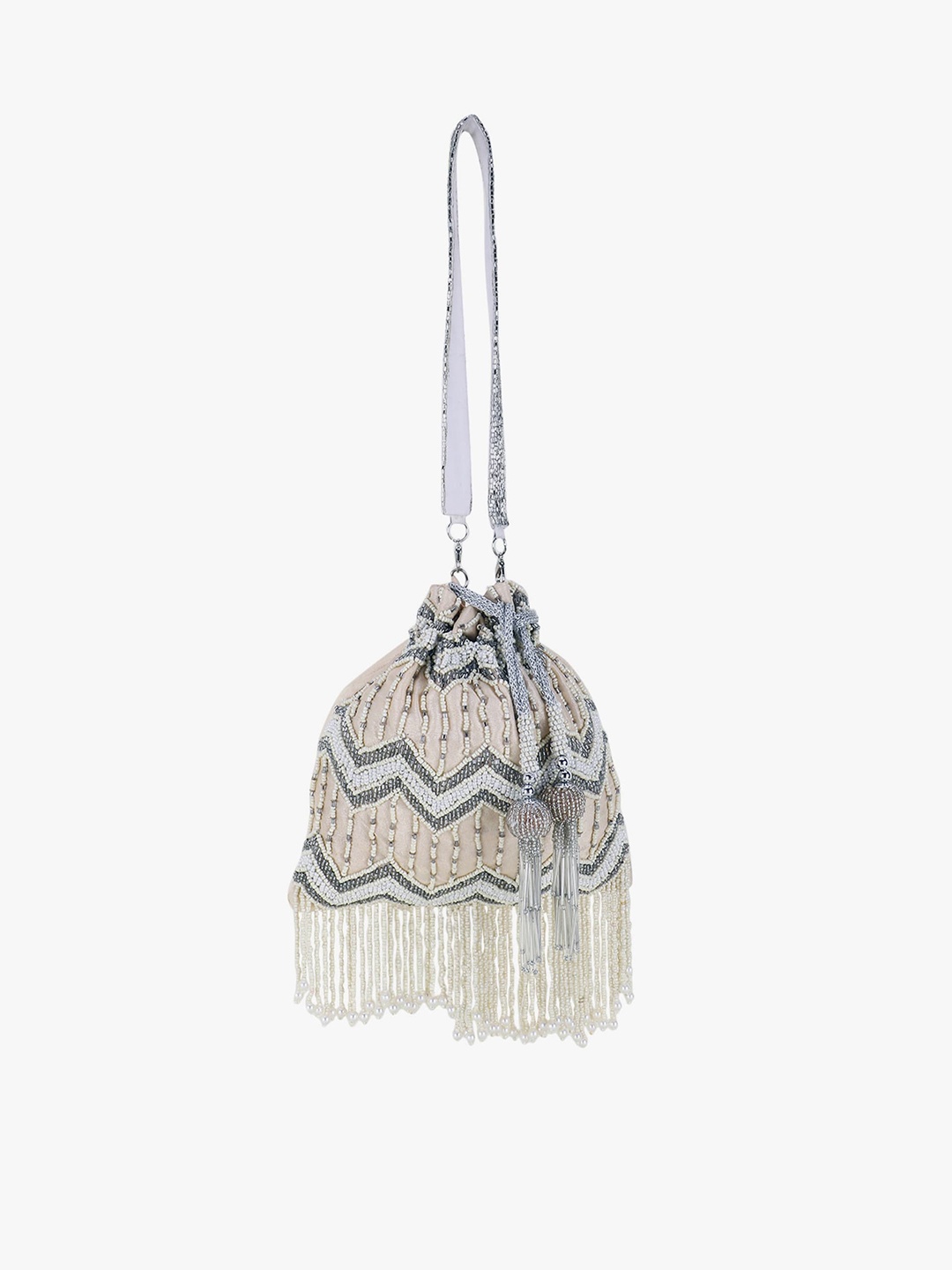 

Anekaant Cream-Coloured & Grey Embellished Tasselled Potli Clutch