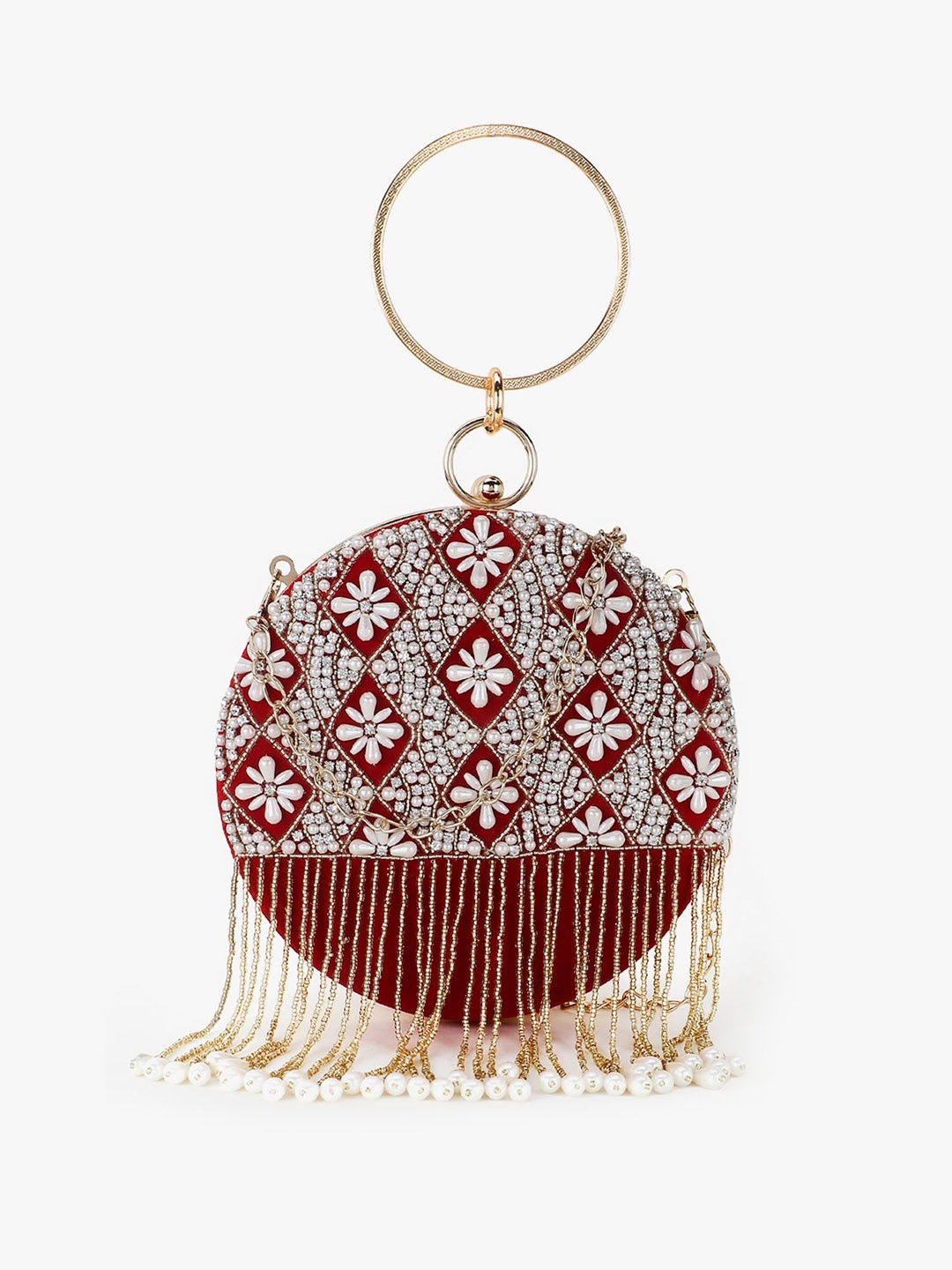

Anekaant Red & White Embellished Fringed Box Clutch