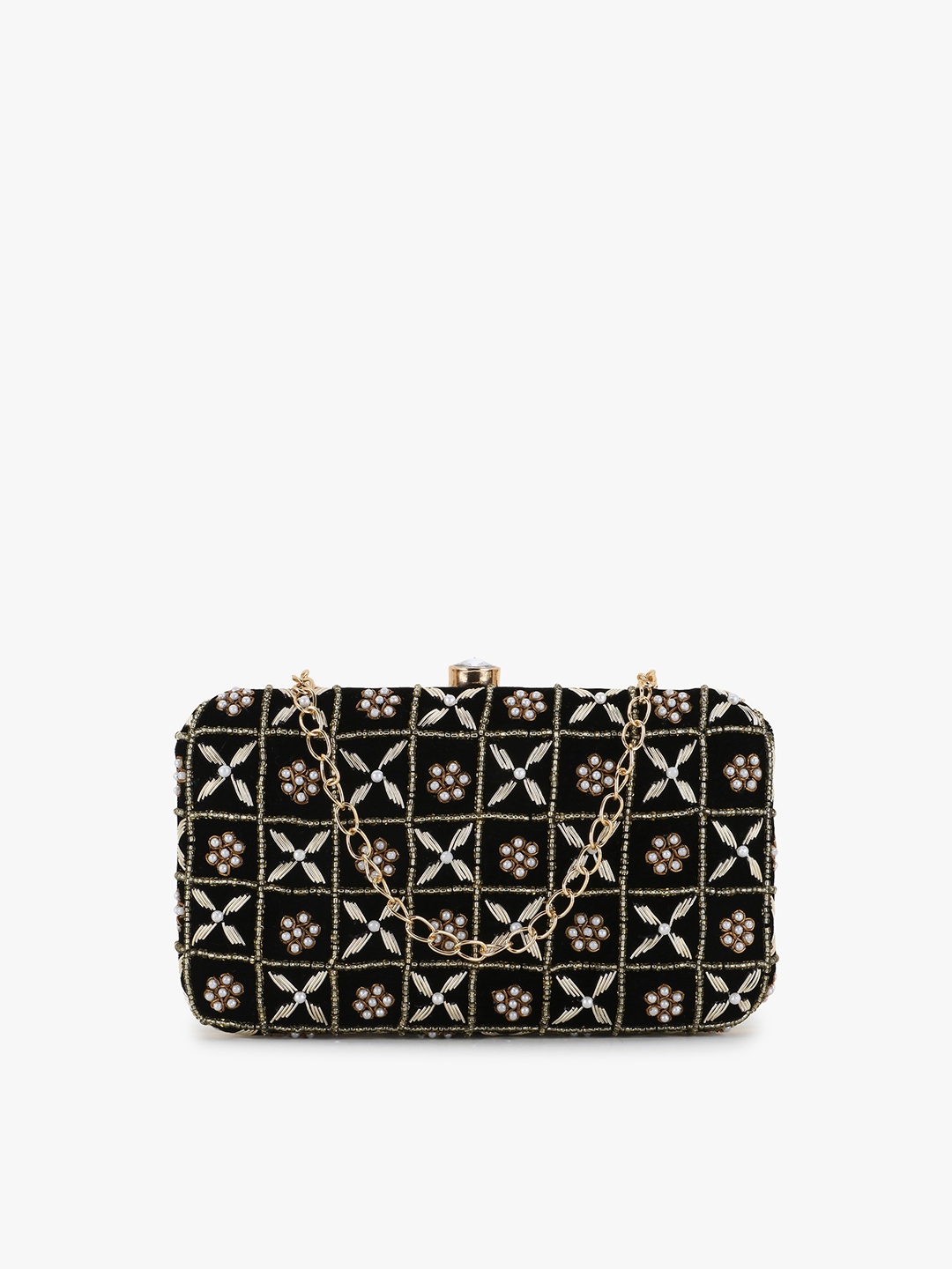 

Anekaant Black & Gold-Toned Embroidered Embellished Box Clutch