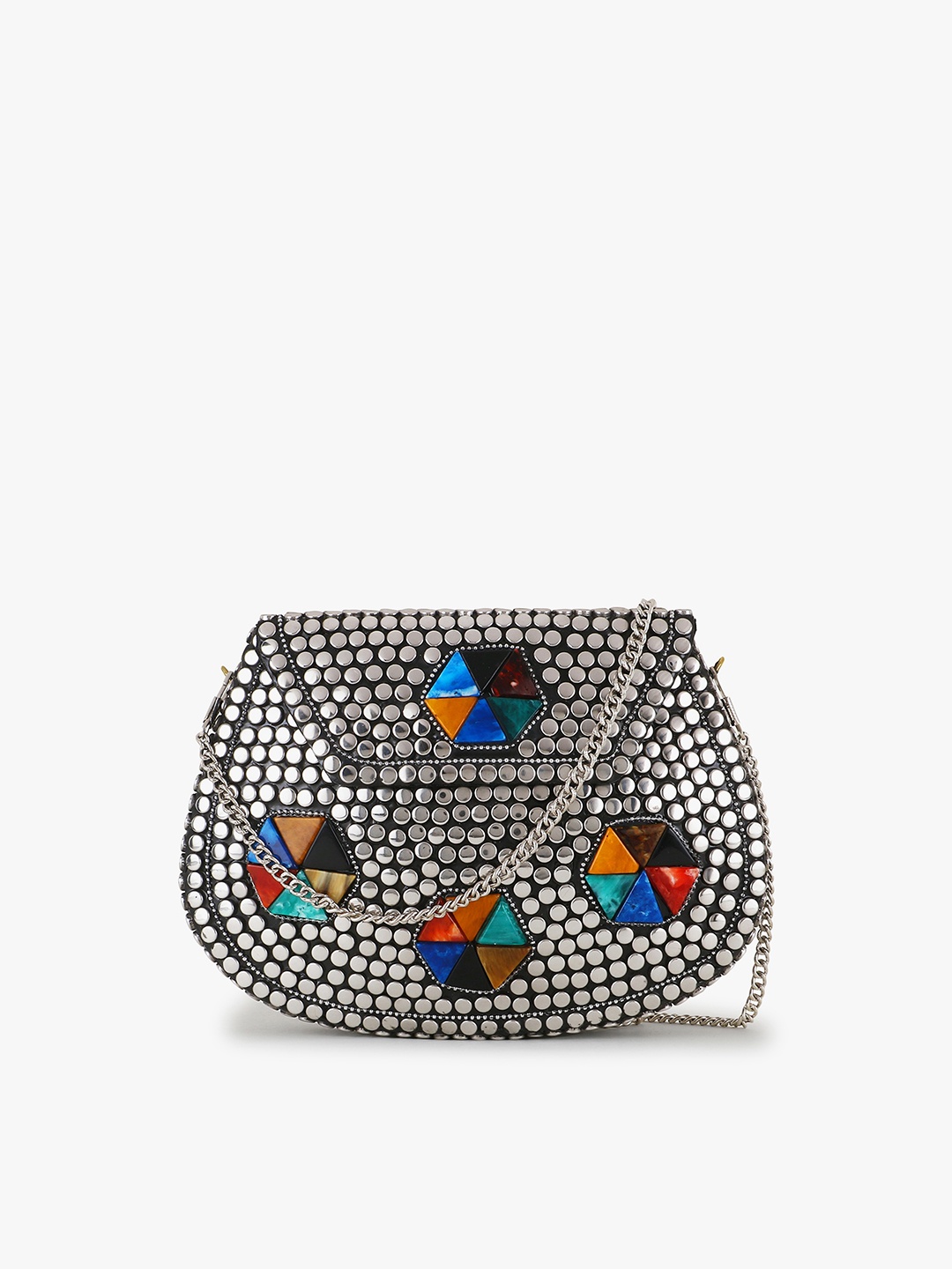 

Anekaant Silver-Toned & Red Embellished Half Moon Clutch