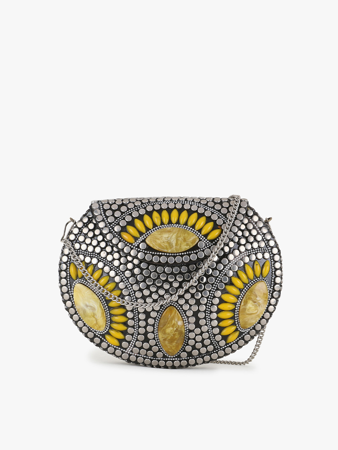 

Anekaant Women Mosaic Silver & Yellow Metal Embellished Clutch