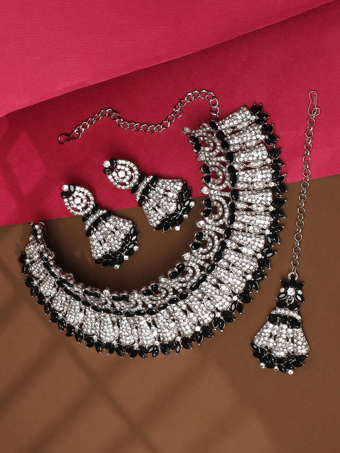 

VATSALYA creation Rhodium-Plated Black Stones Studded & Beaded Jewellery Set