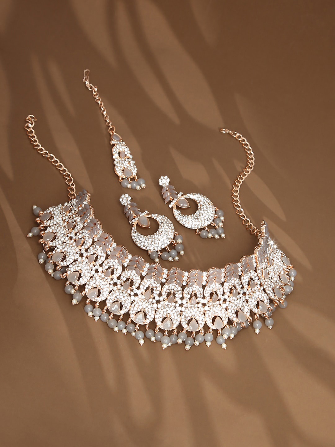 

VATSALYA creation Rose Gold-Plated & Grey Stone-Studded Jewellery Set