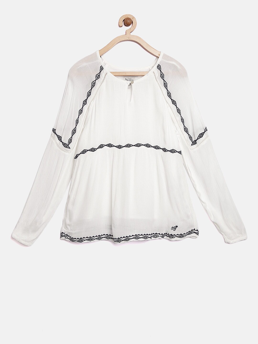 

Pepe Jeans Girls Off-White Solid Top with Embroidered Detail