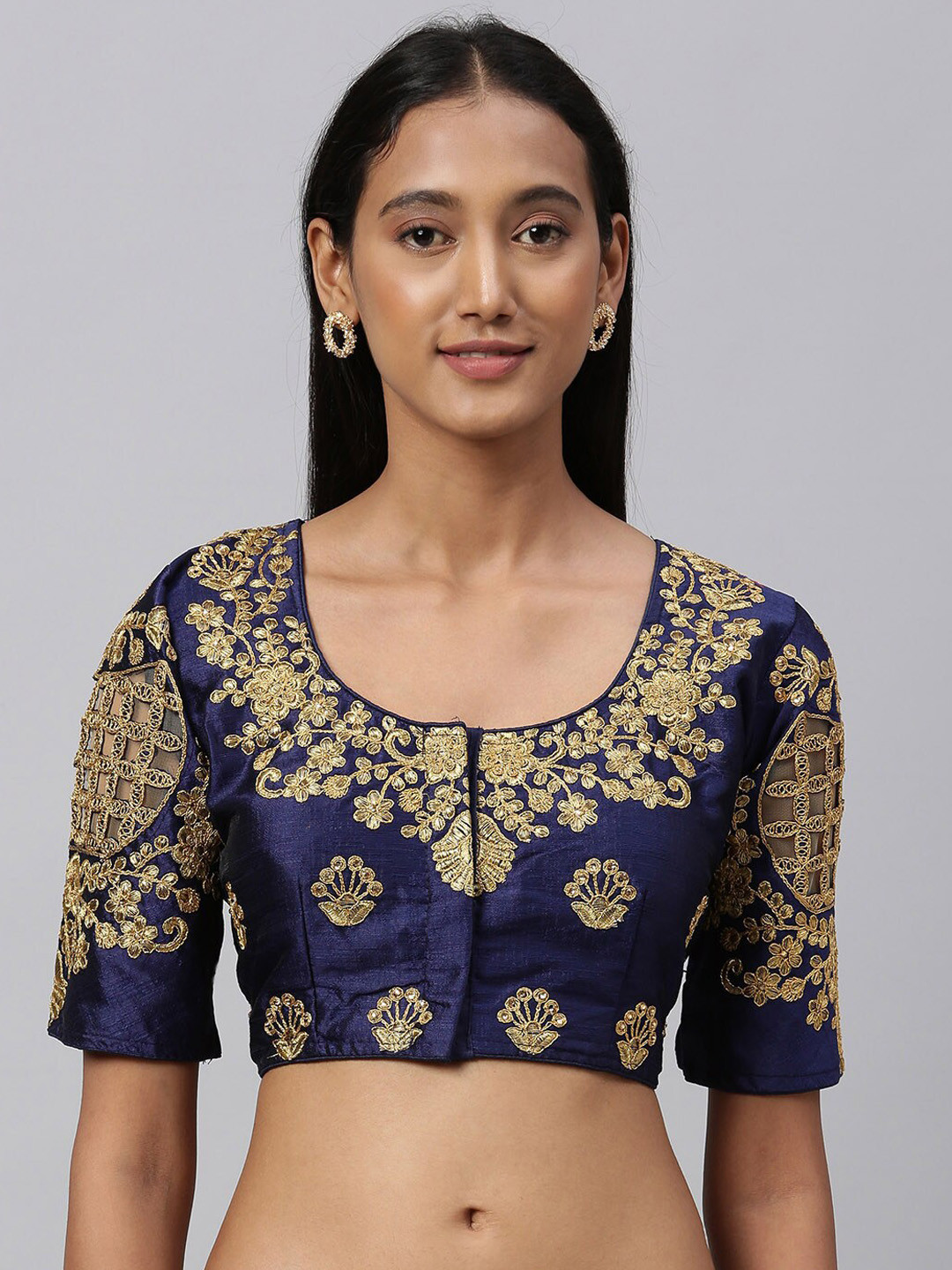 

Fab Viva Navy Blue & Gold-Coloured Embroidered Saree Blouse