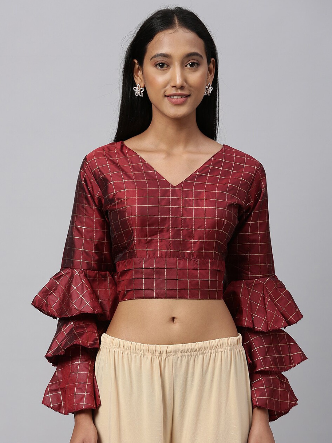 

Fab Viva Maroon & Silver-Coloured Checked Saree Blouse