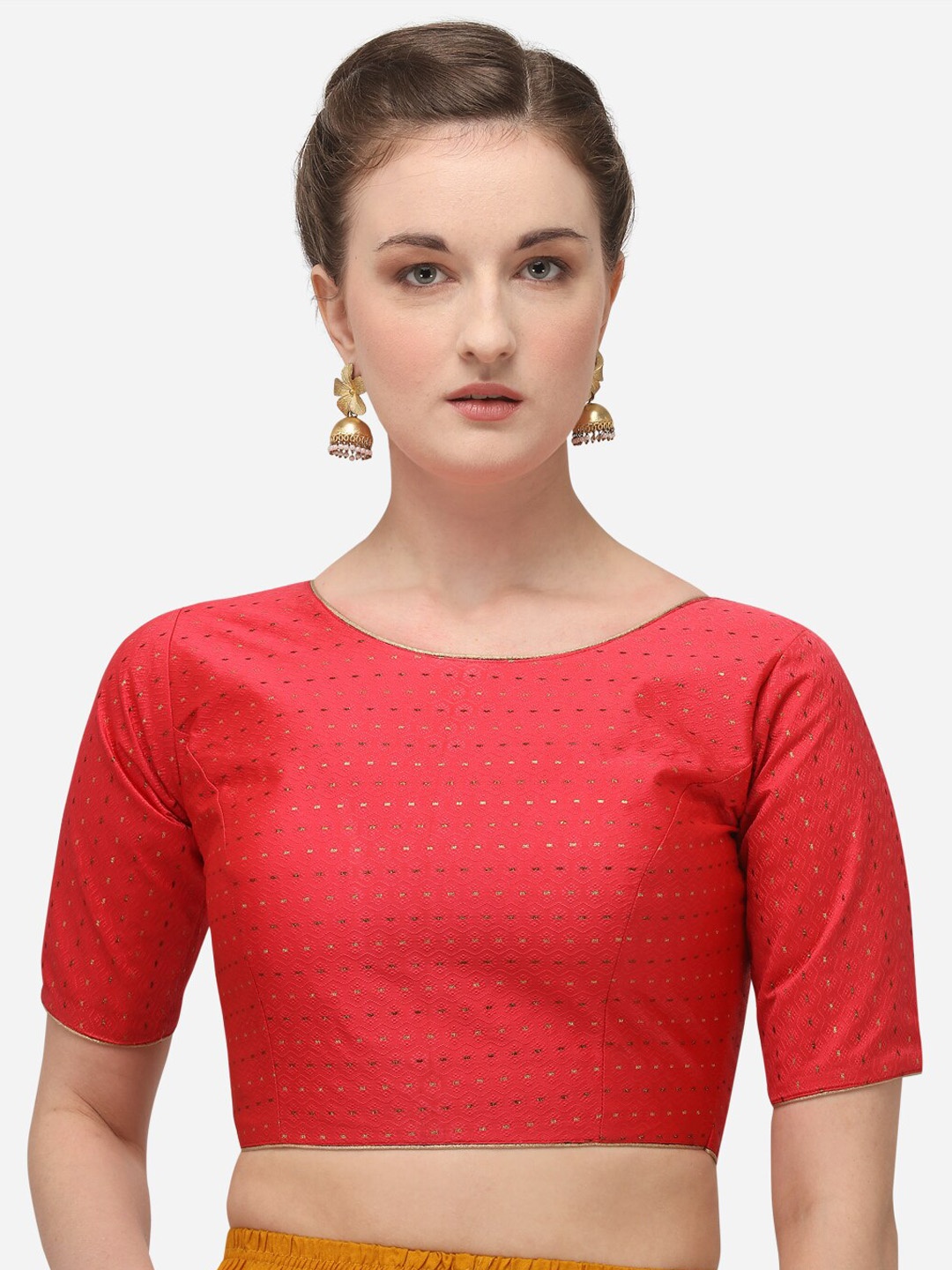 

Fab Viva Peach Jacquard Boat Neck Saree Blouse