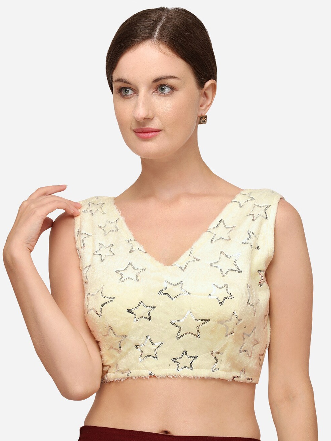 

Fab Viva Women Cream-coloured Sequenced Velvet Saree Blouse