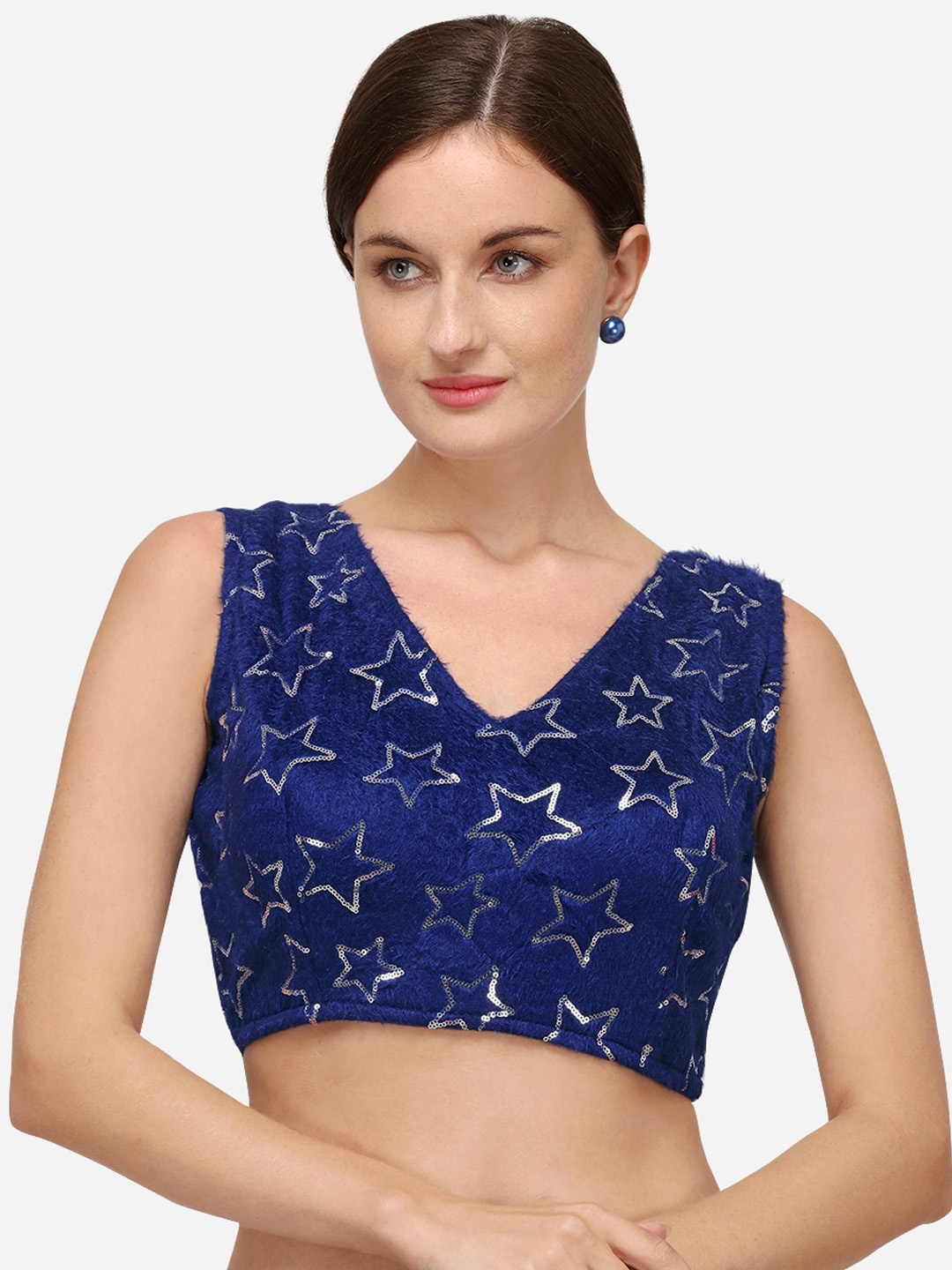 

Fab Viva Women Navy Blue Sequenced Embroidered Ready Made Saree Blouse