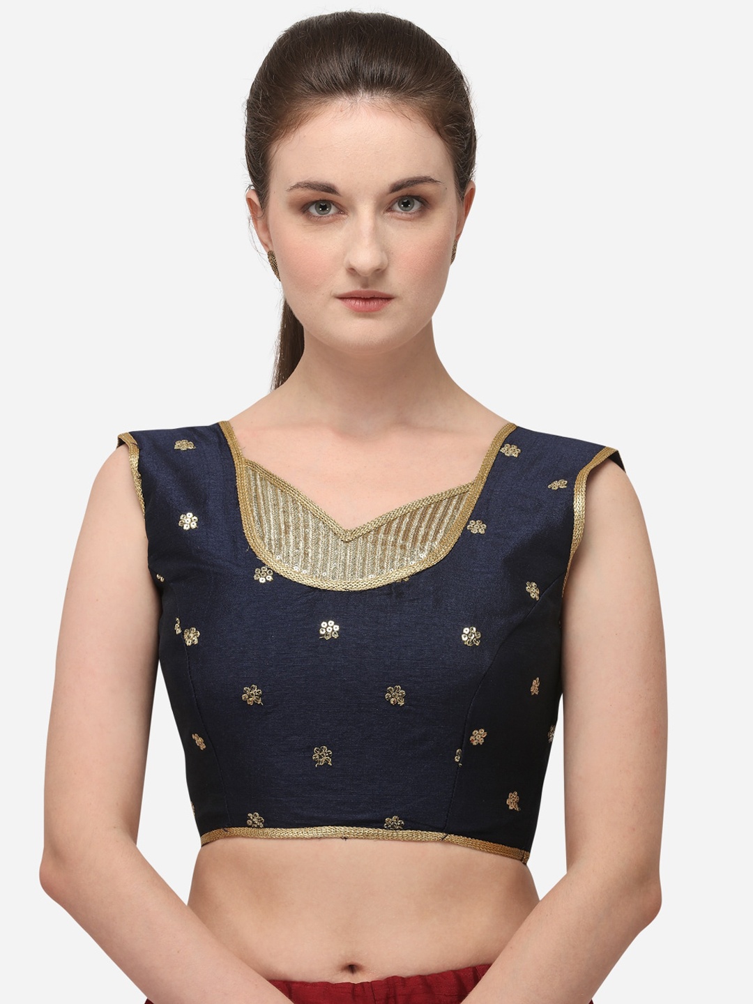 

Fab Viva Navy Blue & Golden Sequinned Silk Saree Blouse