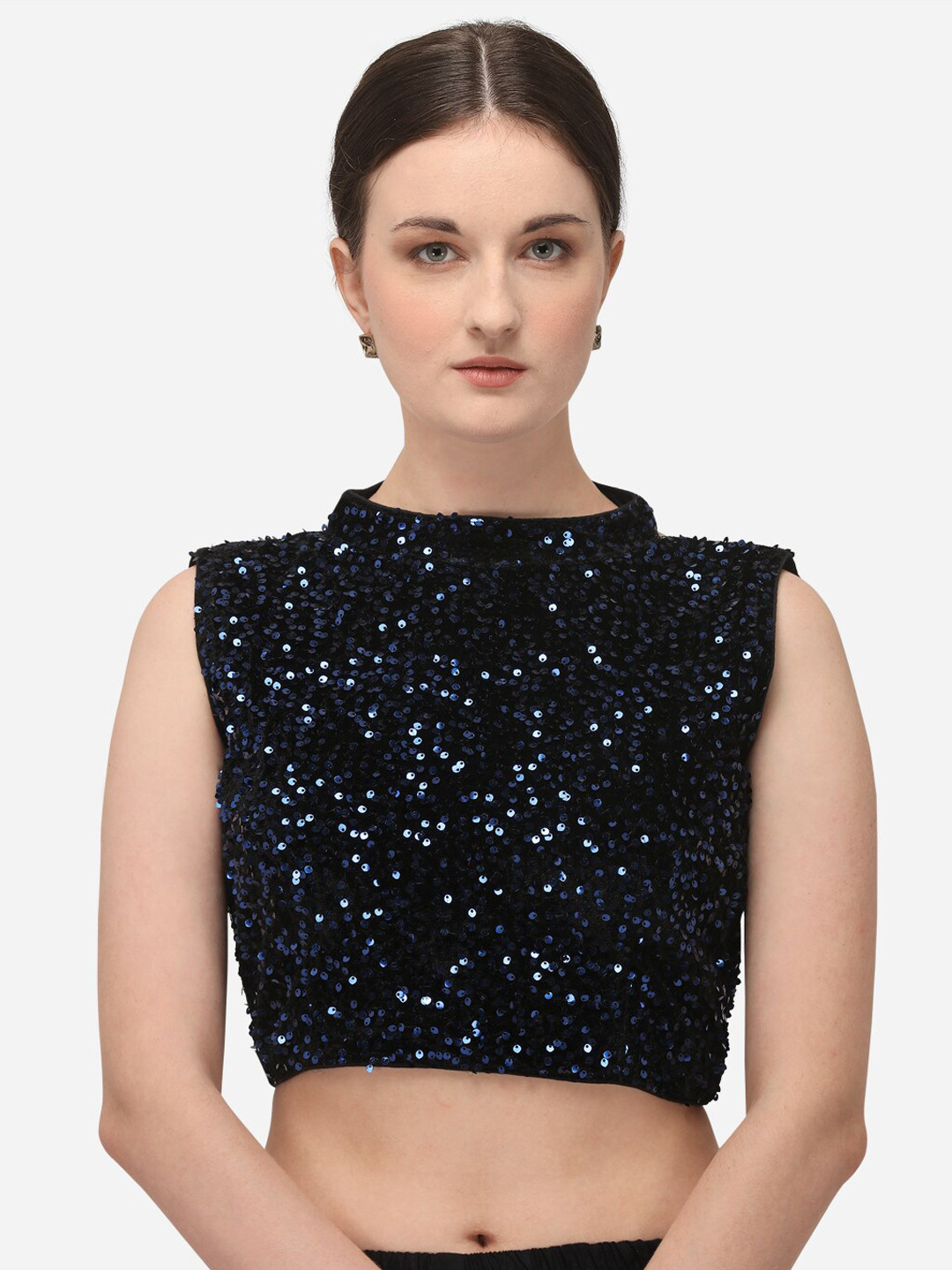 

Fab Viva Women Navy Blue Velvet Sequins Saree Blouse